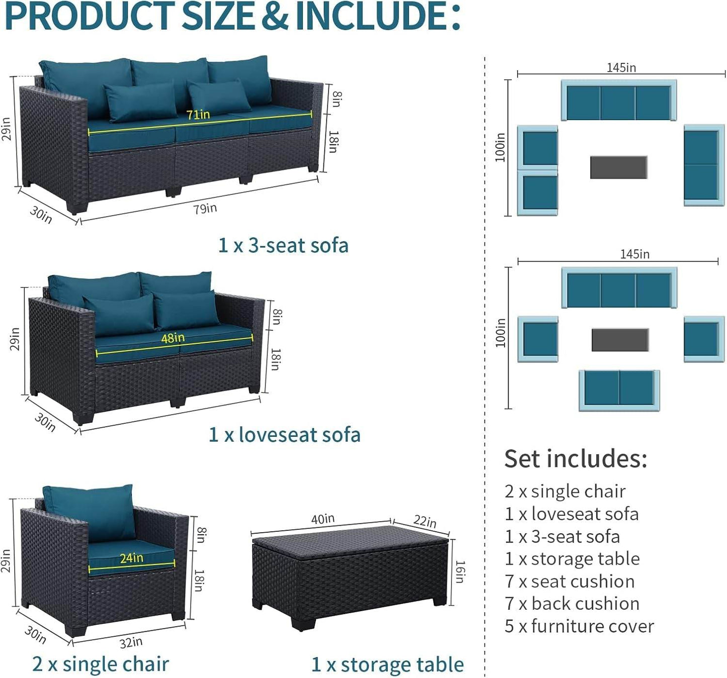 Patio Furniture Set 5 Pieces Outdoor Furniture Sets Patio Couch Outdoor Chairs Coffee Table Peacock Blue Anti-Slip Cushions and Waterproof Covers - Loft&Timber