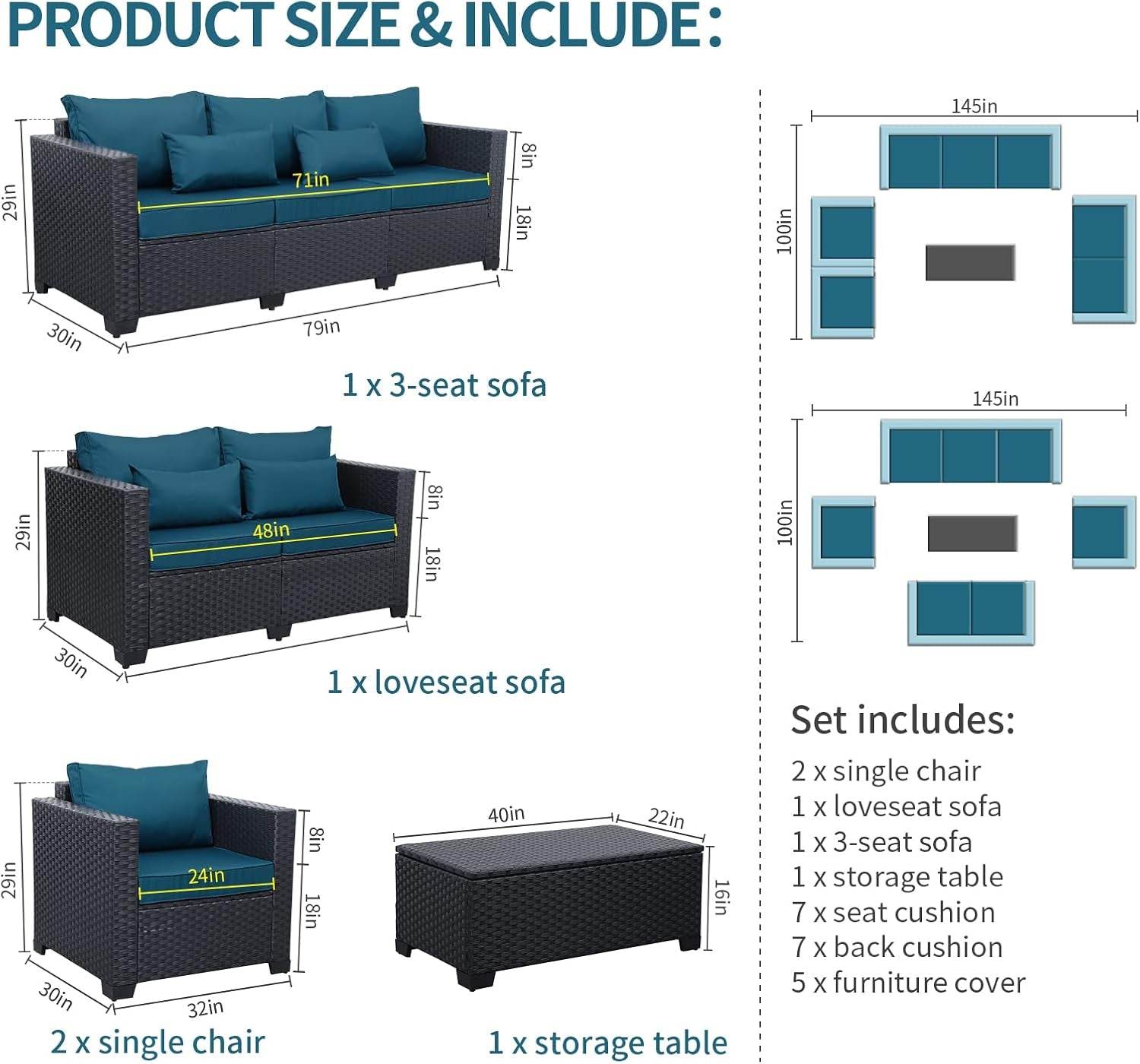 Patio Furniture Set 5 Pieces Outdoor Furniture Sets Patio Couch Outdoor Chairs Coffee Table Peacock Blue Anti-Slip Cushions and Waterproof Covers - Loft&Timber