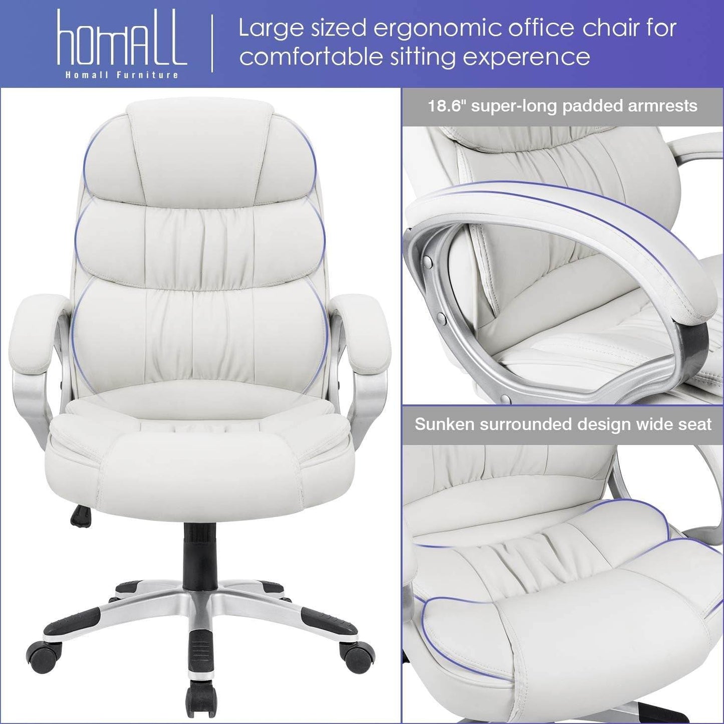 Office Chair High Back Computer Desk Chair, PU Leather (White) - Loft&Timber