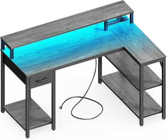 47 Inch Reversible L Shaped Desk with LED Lights & Power Outlets in Gray - Loft&Timber