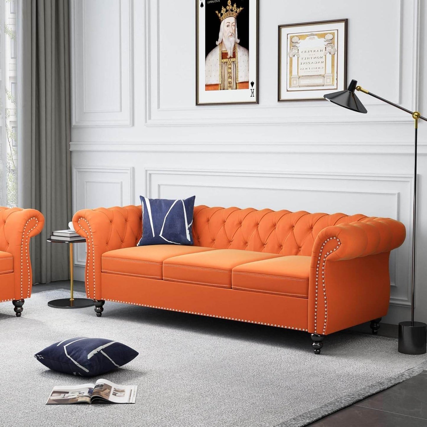 3-Piece Living Room Sectional Sofa Set, Upholstered Sofa Modern Sofa Couches Set Style Button Tufted, Velvet Chesterfield Sofa for Living Room Apartment, 1+2+3 Seat Orange - Loft&Timber