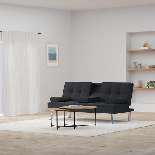 Black Linen Folding Futon Recliner with Cupholders - Loft&Timber