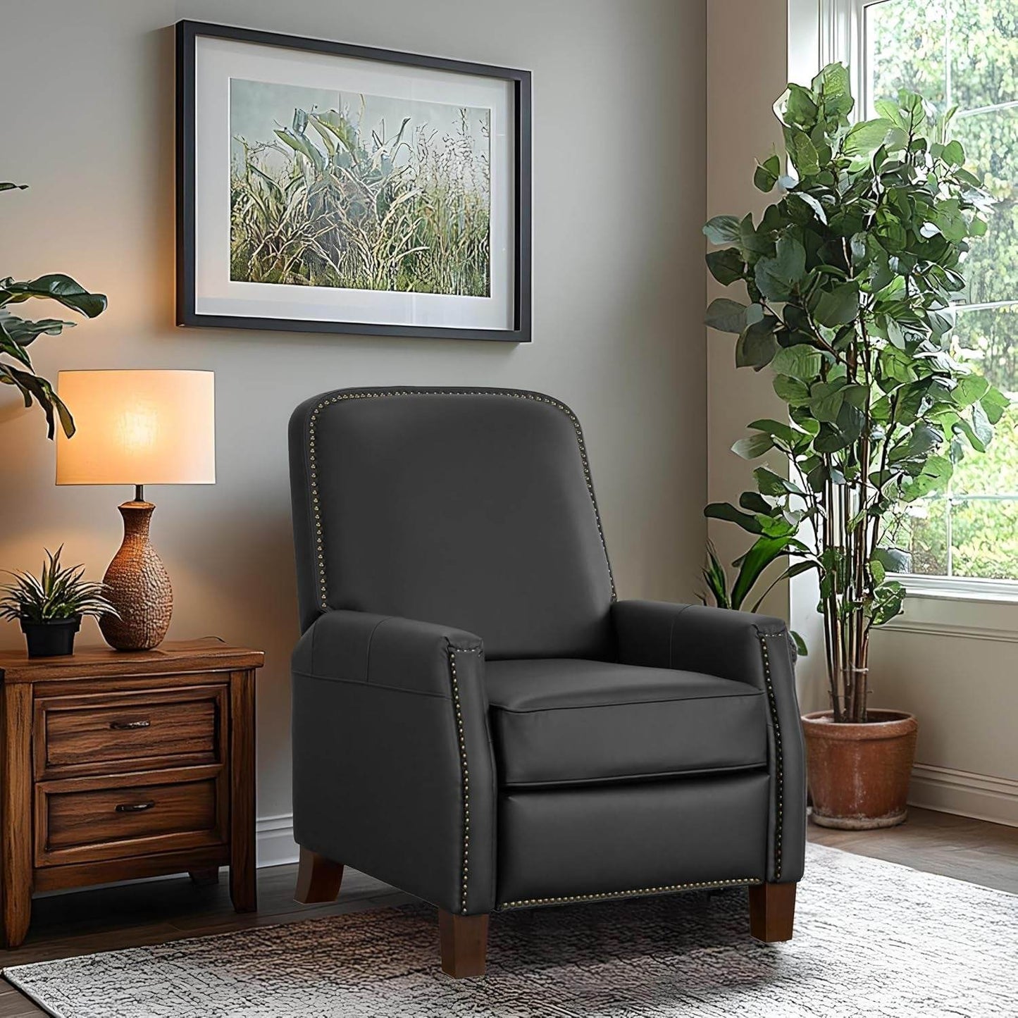 Mid-Century Faux Leather Pushback Recliner Brass Trim - Loft&Timber