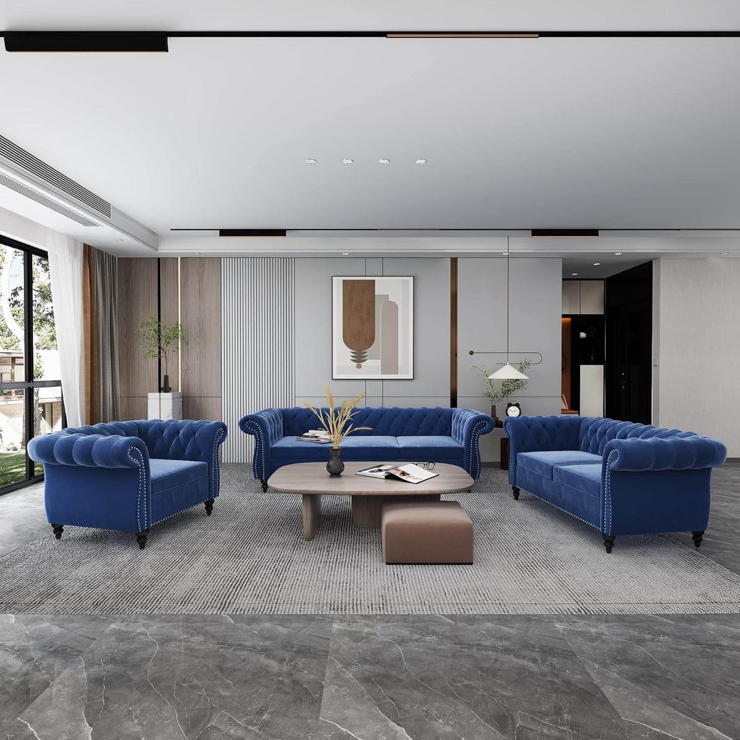 3-Piece Living Room Sectional Sofa Set, Blue Couch Upholstered Sofa Modern Sofa Couches Set Style Button Tufted, Velvet Chesterfield Sofa for Living Room Apartment, 1+2+3 Seat Blue - Loft&Timber