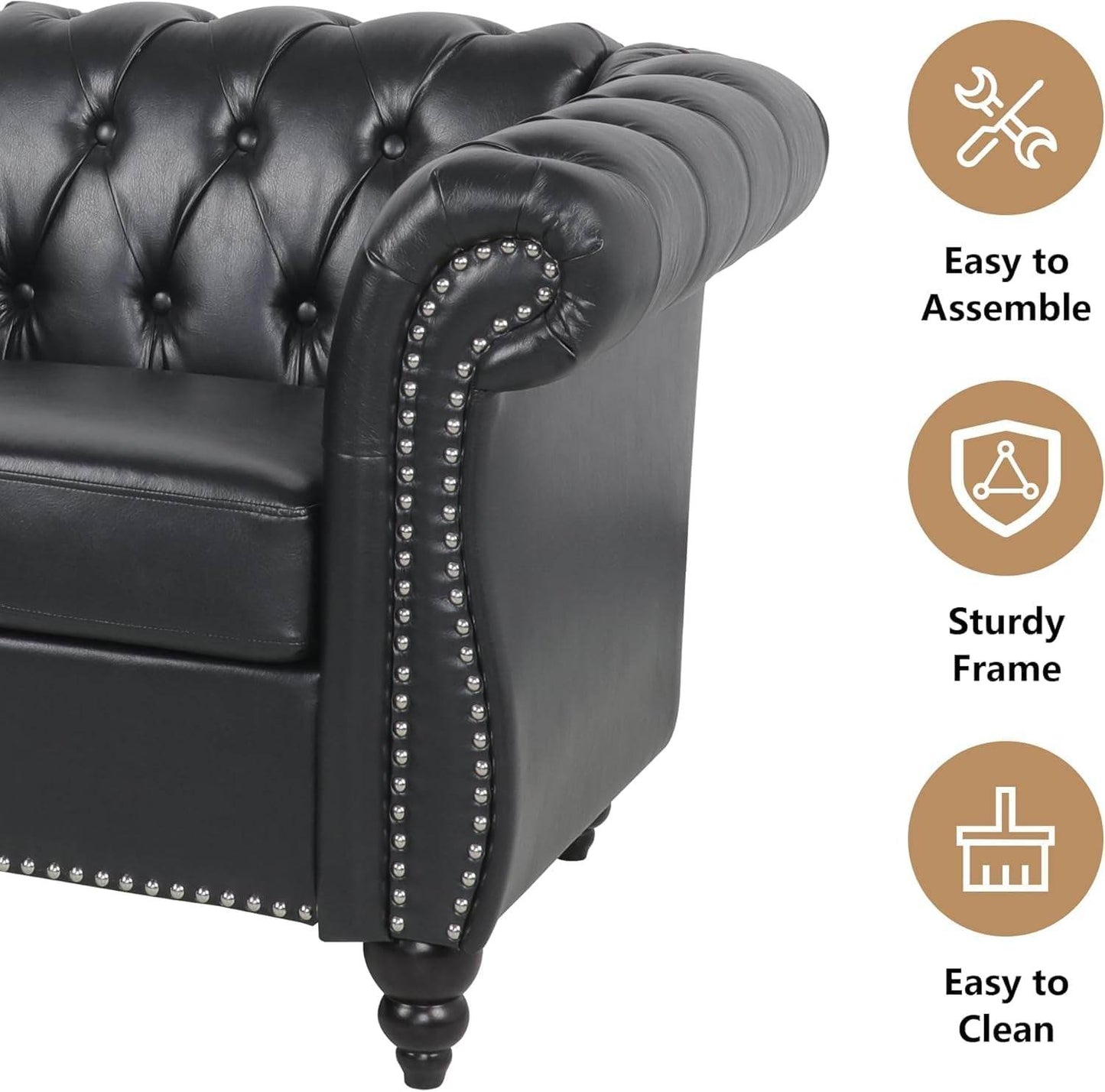 3-Piece Living Room Sectional Sofa Set, Upholstered Sofa Modern Sofa Couches Set Style Button Tufted, PU Chesterfield Sofa for Living Room Apartment, 1+2+3 Seat PU Black - Loft&Timber