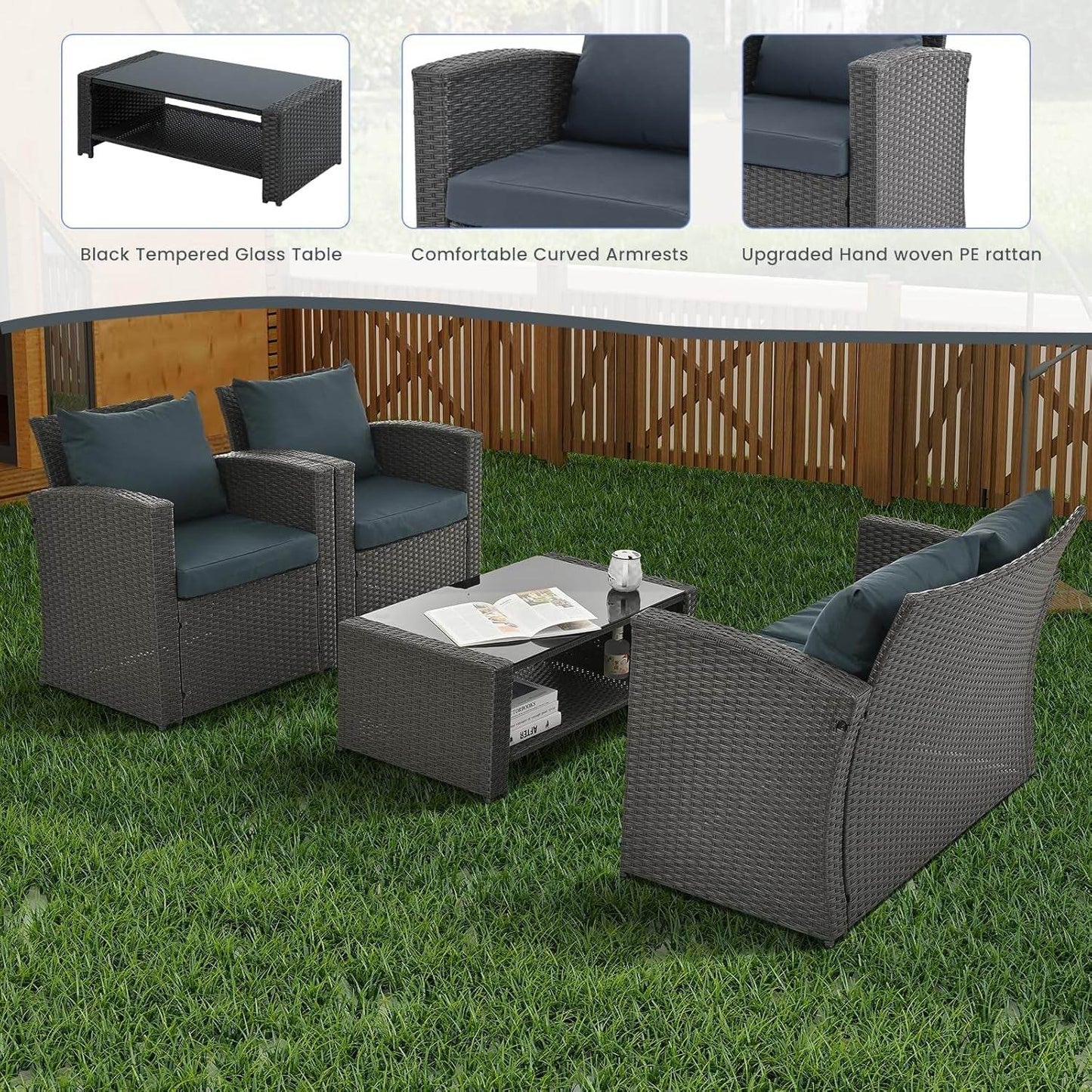Outdoor Wicker Patio Furniture Set with Cushions and Table - Loft&Timber