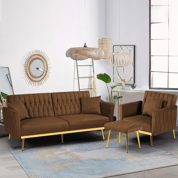 2 Pieces Velvet Sofa Set with Adjustable Armrest and Backrest, 70” Convertible Futon Sofa Bed & Mordern Accent Chair with Ottoman for Living Room, Bedroom, Brown-0