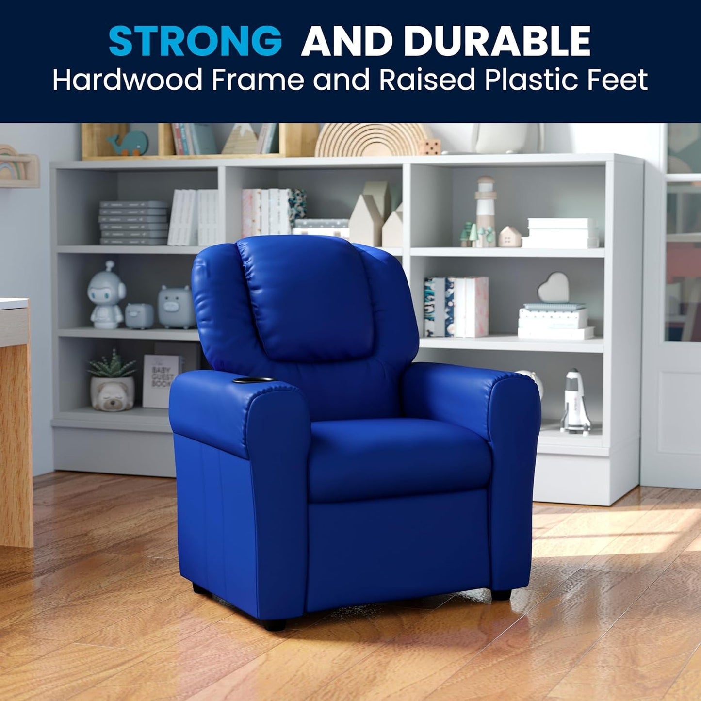 Vana Vinyl Kids Recliner with Cup Holder, Headrest, and Safety Recline, Contemporary Reclining Chair for Kids, Supports up to 90 Lbs., Blue-4