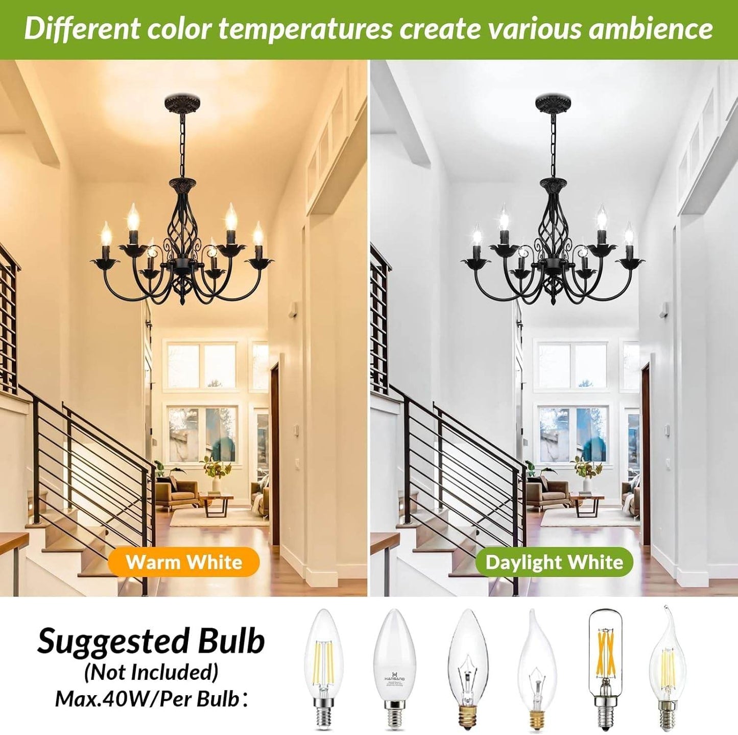 6-Light Farmhouse Candle Chandelier for Living Room, Rustic Industrial Pendant Ceiling Light Fixture, Vintage Hanging Lamp for Bedroom Hallway Kitchen Dining Room Foyer, Matte Black E12 Socket - Loft&Timber