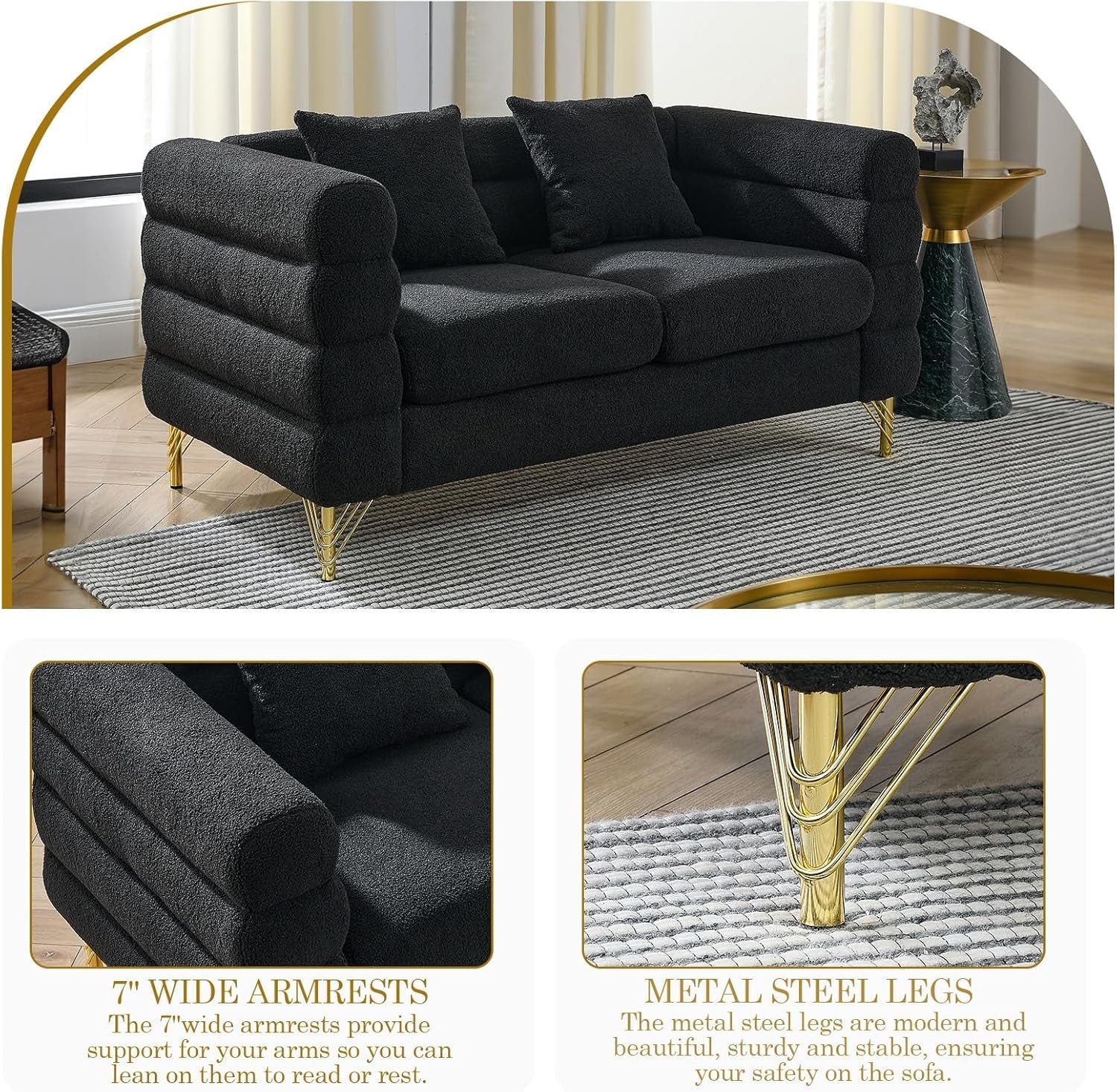 Sofa, 2 Pieces Sofa Set,Oversize 2/3 Seater Extra Deep Seat Sofa,Modern Upholstered Futon Sofa Couch, Comfy Teddy Bouclé Cloud Sofa,Furniture for Living Room,Bedroom,Office,Apartment(Black)-4