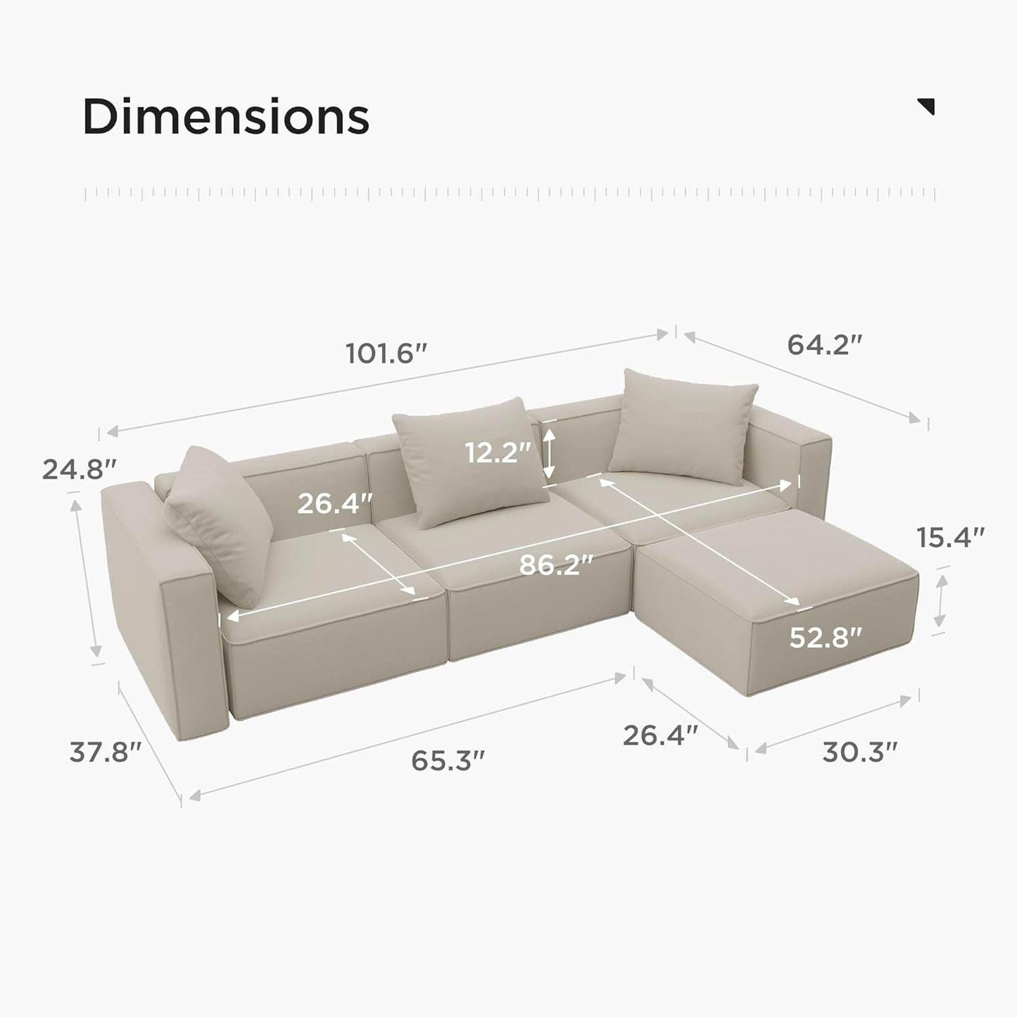 Luxury Modular Sectional Living Room Sofa Set, with Ottoman and Chaise, L-Shape, Cream - Loft&Timber
