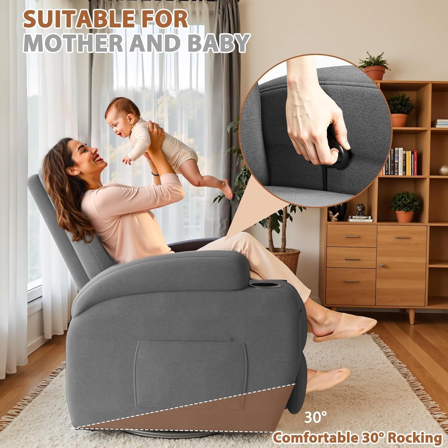 Gray Fabric Swivel Rocker Recliner With Vibration Massage-4