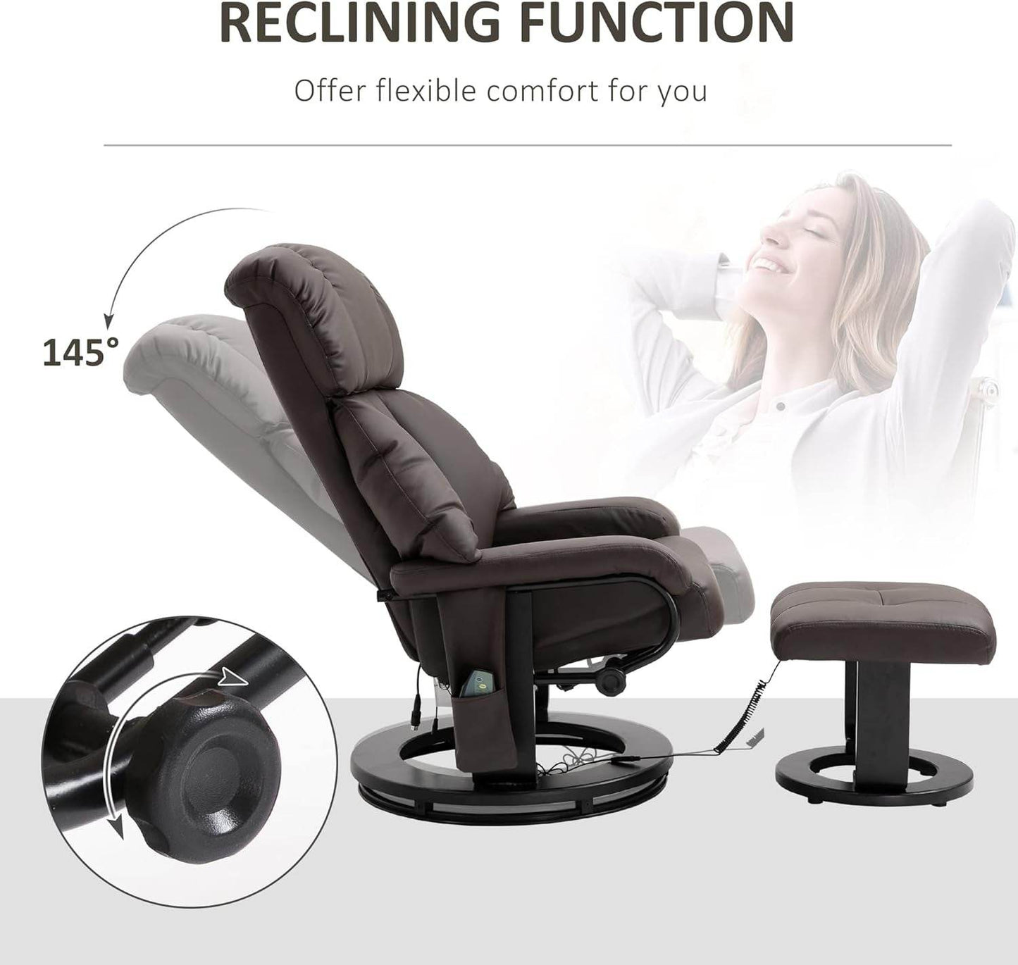 Massage Recliner Chair with Ottoman, 360° Swivel Recliner and Footstool, Brown - Loft&Timber