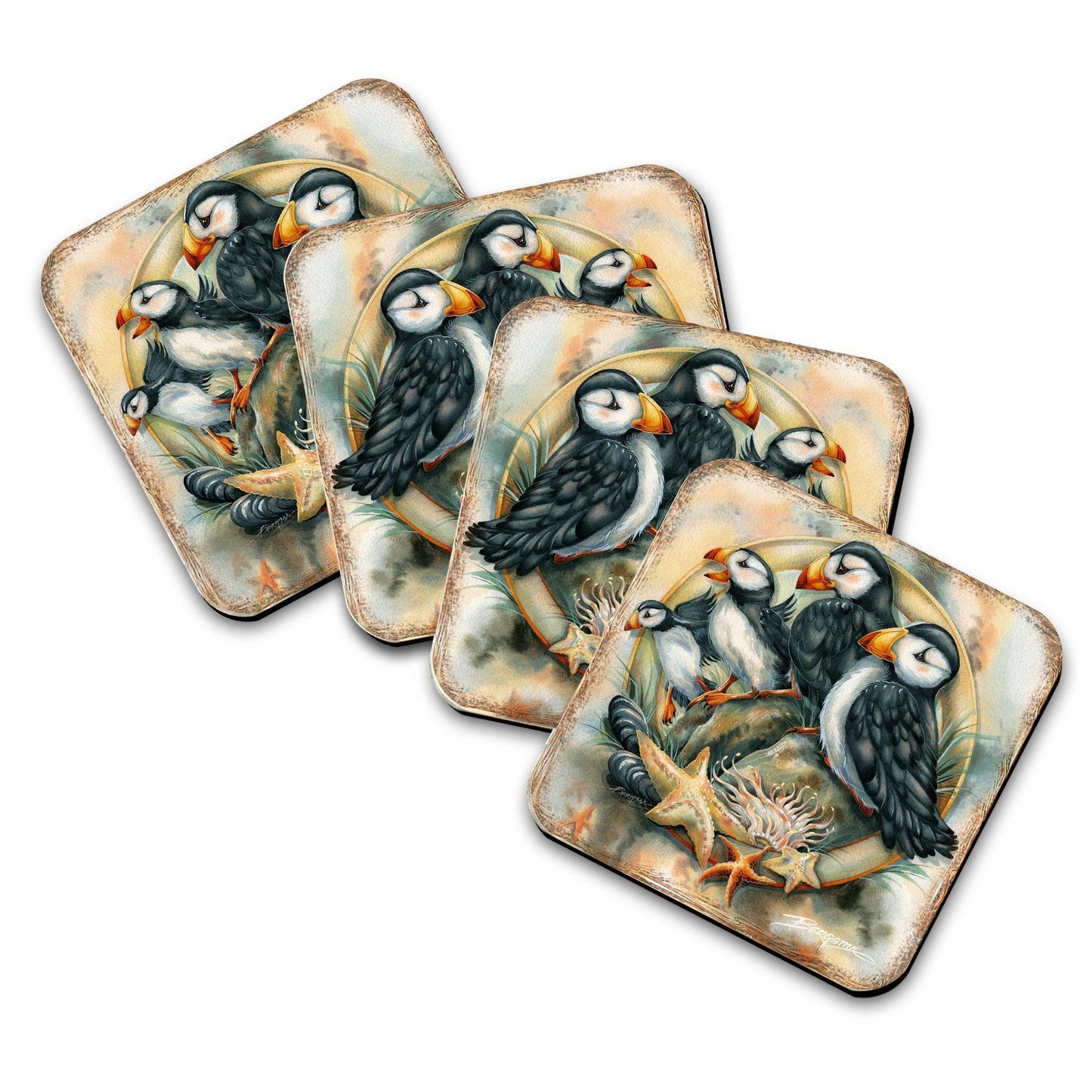 Puffins Wooden Cork Coasters Gift Set of 4 by J. Bergsma - Wildlife Decor - 8199462C-S4 - Loft&Timber