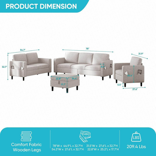 6 Seaters Sectional Upholstered Sofa, Linen Fabric Sofa Couch with Side Pockets, Free Combination Sofa Set with Movable Storage Ottoman, for Living Room-Sofa&Loveseat&Chair&Ottoman,Beige - Loft&Timber