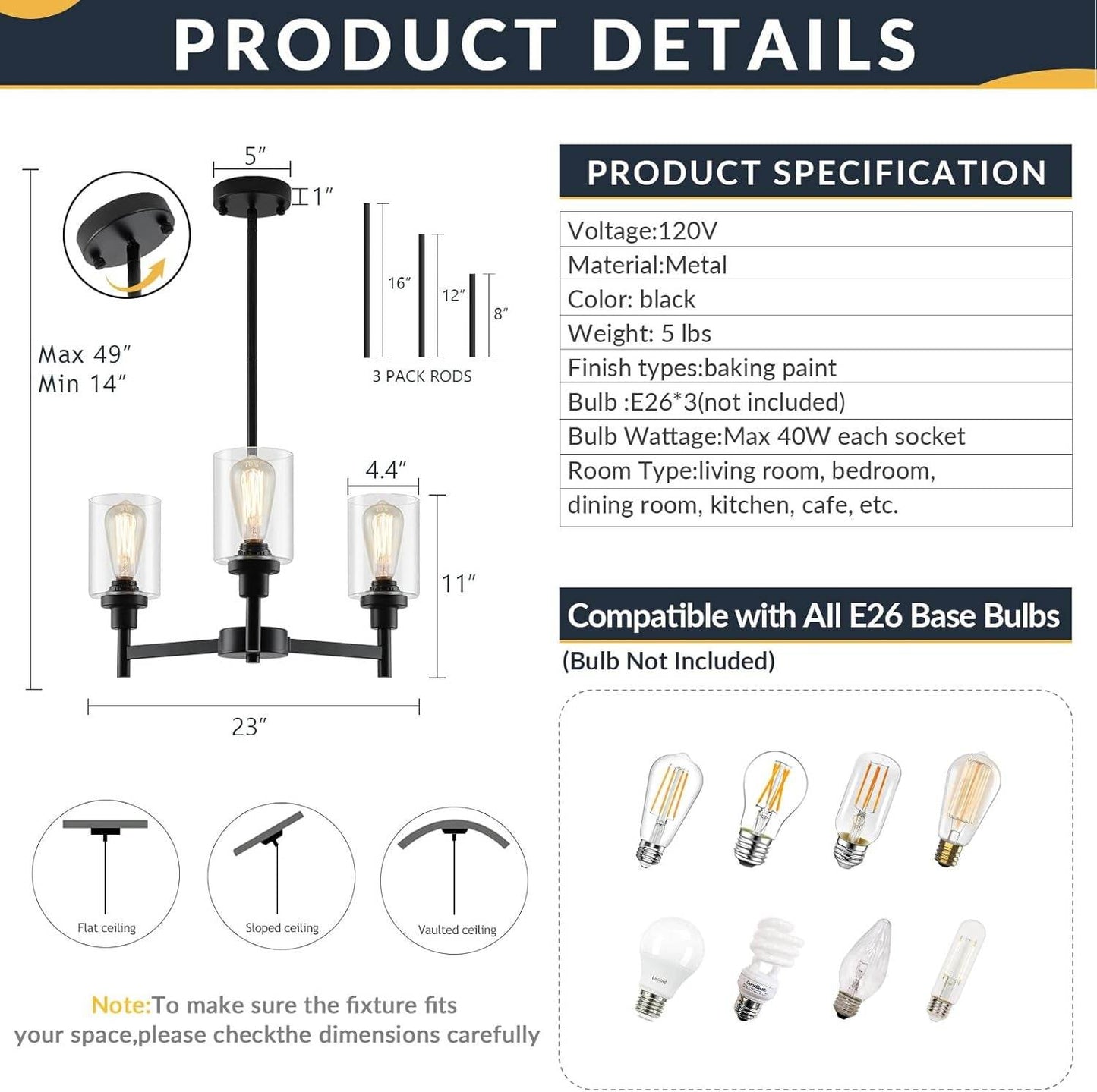 3 Lights Black Chandeliers for Dining Room Light Fixture over Table, Entryway Chandelier for Foyer, Hallway Light Fixtures with Glass Shade for Dinning Room Kitchen Island Foyer Hallway - Loft&Timber