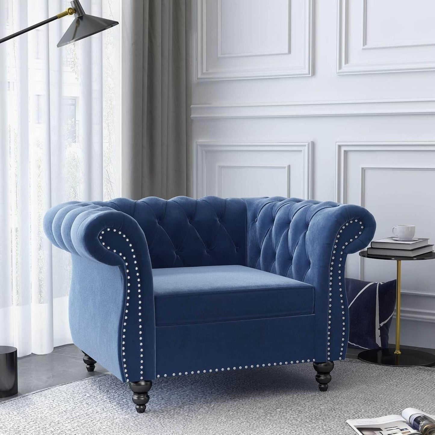 3-Piece Living Room Sectional Sofa Set, Blue Couch Upholstered Sofa Modern Sofa Couches Set Style Button Tufted, Velvet Chesterfield Sofa for Living Room Apartment, 1+2+3 Seat Blue - Loft&Timber