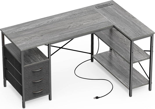 L Shaped Desk with Power Outlets in Gray - Loft&Timber