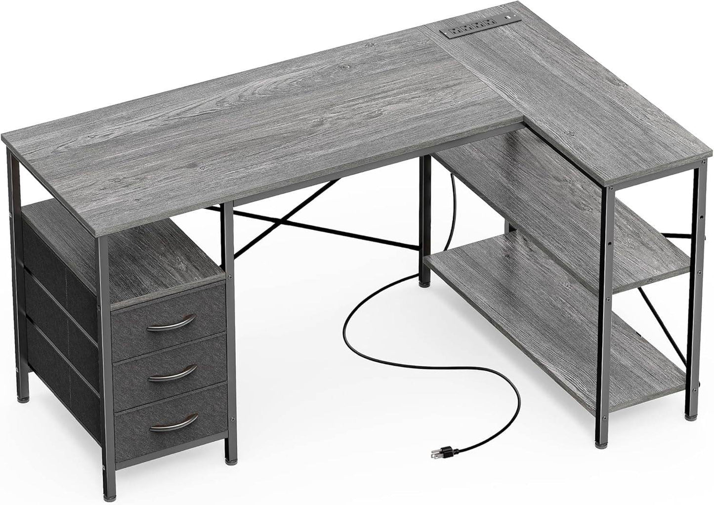 L Shaped Desk with Power Outlets in Gray - Loft&Timber