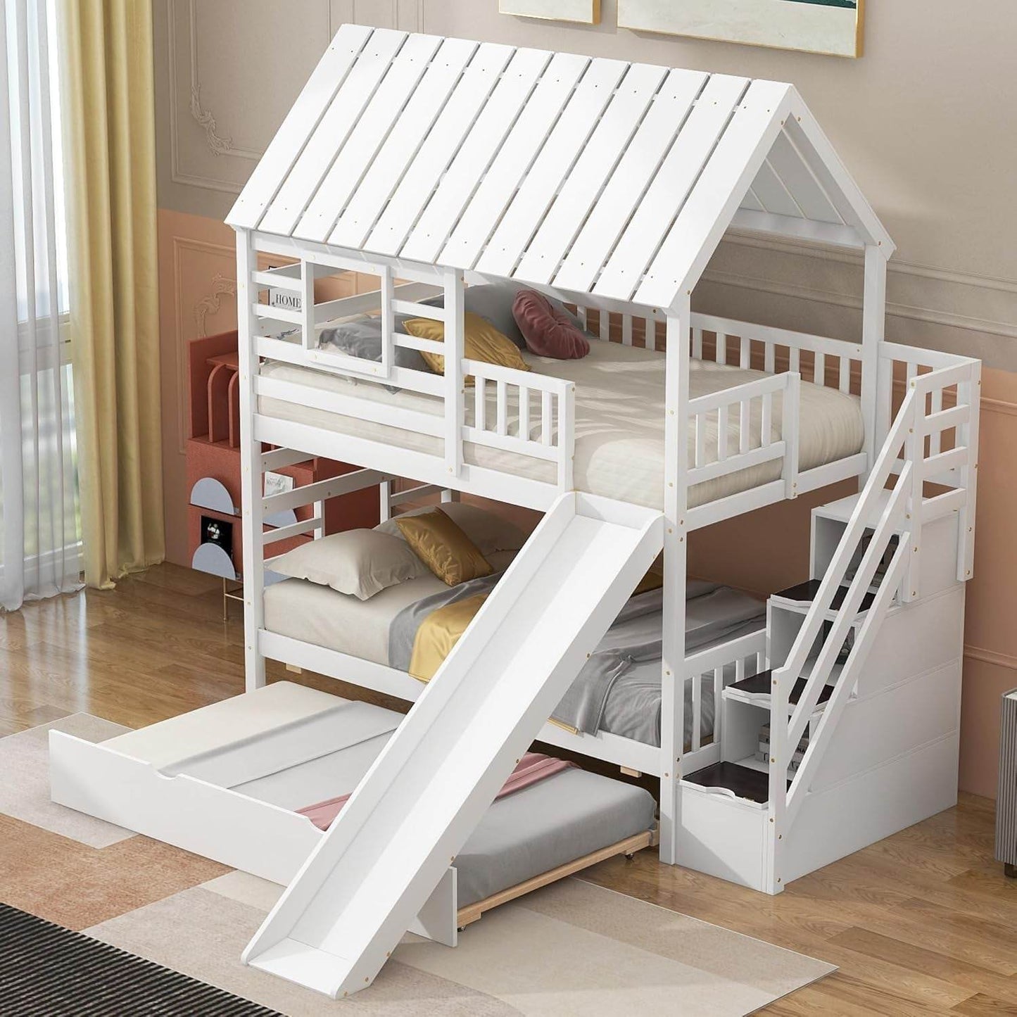 Kids Twin Bunk Bed with Slide, Trundle & Storage - Loft&Timber