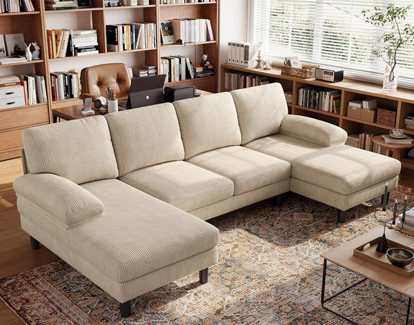 Sectional Couch, 111'' W Corduroy U Shaped Sofa with Sleepable Armrests, 4 Seat Couch with Double Chaises, Deep Sofa for Living Room, Beige-0
