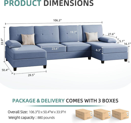 Sectional Sofa Couches for Living Room, U Shaped Sofa Living Room Furniture Sets, 4 Seat U Shaped Sofa Sectional Couch with Chaise, Blue - Loft&Timber