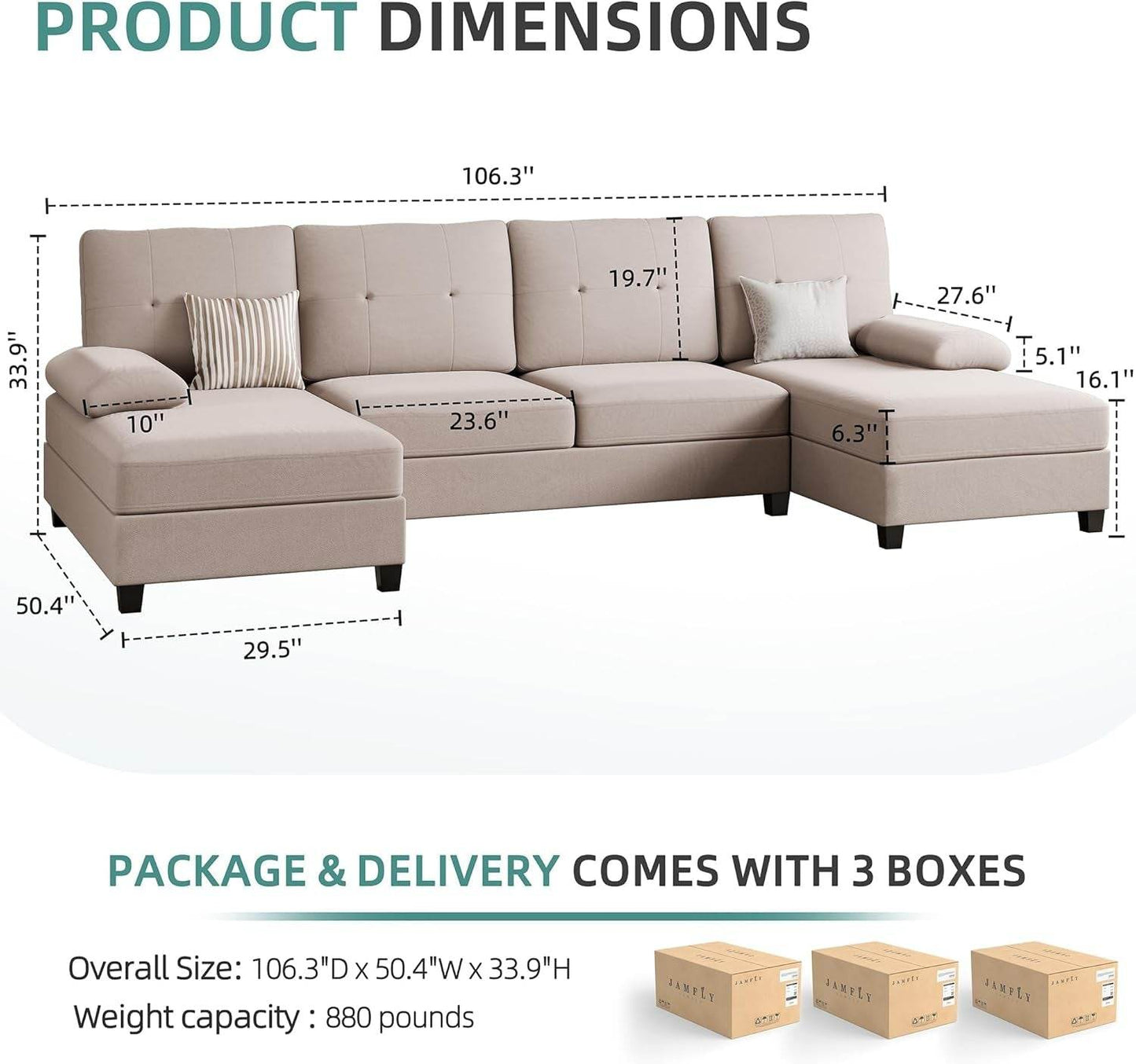 Sectional Sofa Couches for Living Room, U Shaped Sofa Living Room Furniture Sets, 4 Seat U Shaped Sofa Sectional Couch with Chaise, Dark Beige - Loft&Timber