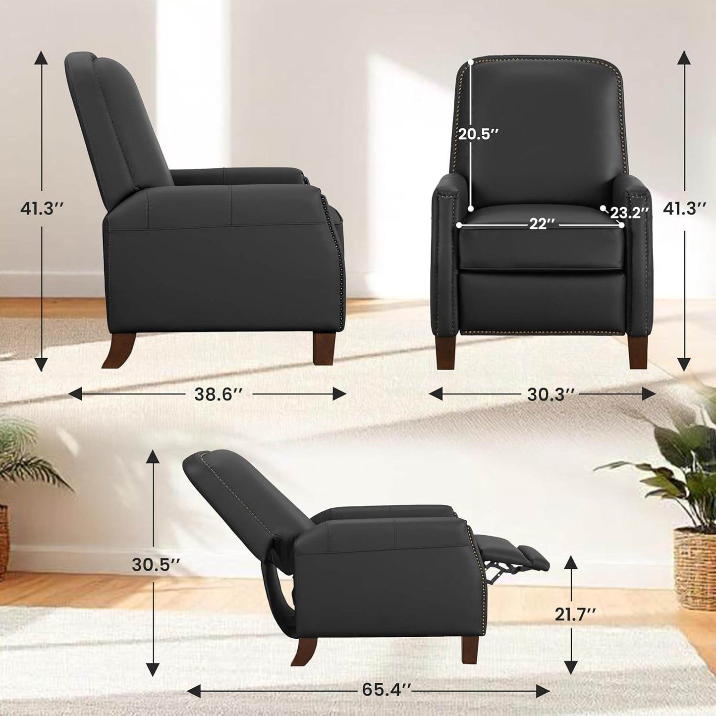 Mid-Century Faux Leather Pushback Recliner Brass Trim - Loft&Timber