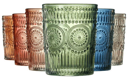 Colored Vintage Drinking Glasses Set | Set of 6 | Tumbler Hobnail 10 OZ Muted Bubble Design Whiskey Glassware, Old-Fashioned, Embossed Design Glass for Water, Wine, Cocktail HAND WASH ONLY - Loft&Timber