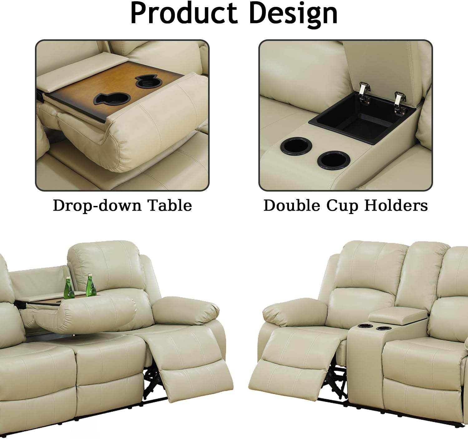 Leather Recliner Sofa Set, Beige (Sofa Set 3 Pieces) - Loft&Timber