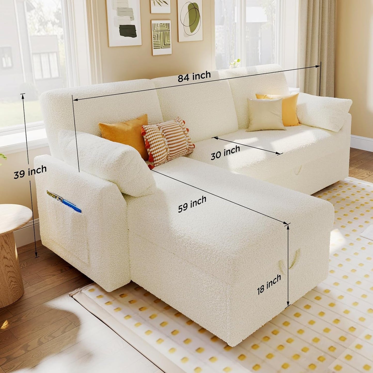 Sleeper Sofa, Sofa Bed- 2 in 1 Pull Out Couch Bed with Storage Chaise for Living Room, Sofa Sleeper with Pull Out Bed, White Boucle Couch-1