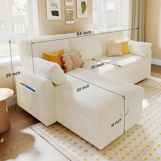 Sleeper Sofa, Sofa Bed- 2 in 1 Pull Out Couch Bed with Storage Chaise for Living Room, Sofa Sleeper with Pull Out Bed, White Boucle Couch-1