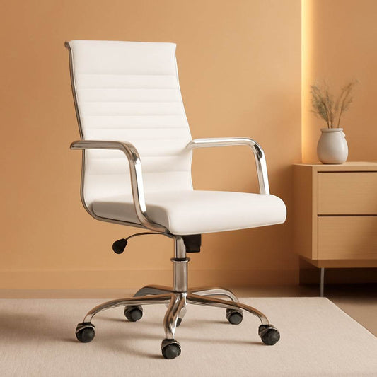 Ribbed Office Desk Chair Mid-Back PU Leather (White) - Loft&Timber