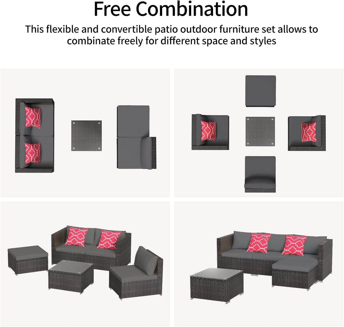 Outdoor Patio Furniture Sets All Weather Outdoor Sofa PE Garden Furniture Wicker Rattan Patio Conversation Set with Glass Table (Grey) - Loft&Timber