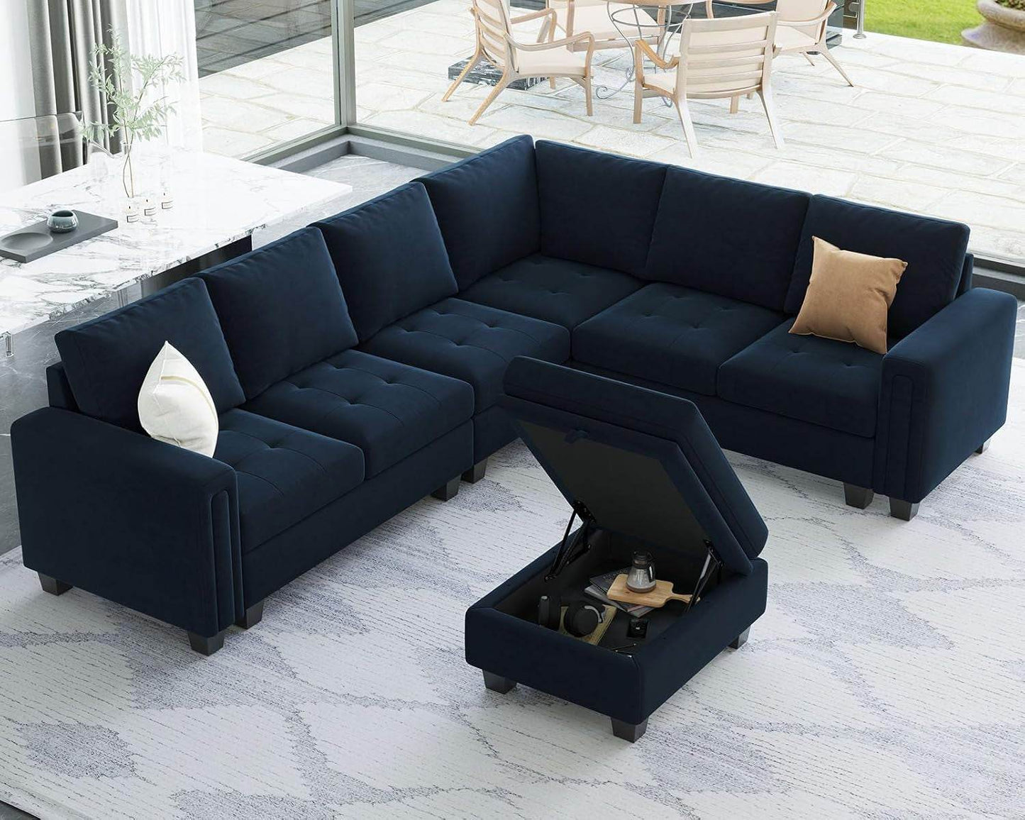 Velvet L Shaped Sofa Couch with Reversible Chaise Convertible Modular Sectional Sofa Set with Storage Ottoman Corner Sofa Set for Living Room Blue - Loft&Timber