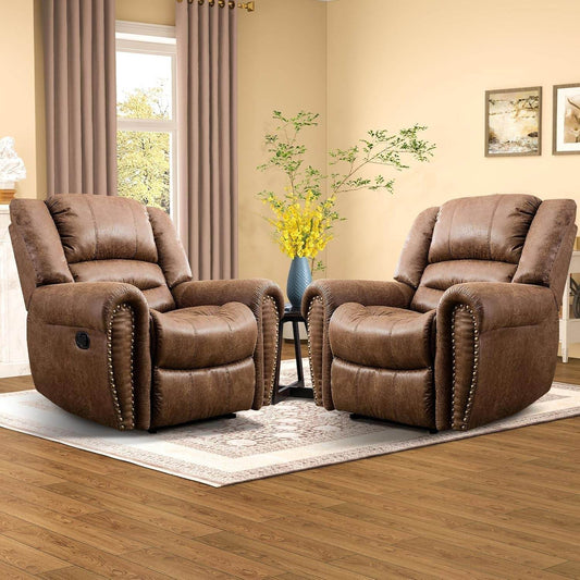 Leather Recliner Chair Set of 2, Classic and Traditional Manual Recliner Chair with Comfortable Arms and Back,Manual Single Recliner Sofa for Living Room, Nut Brown - Loft&Timber