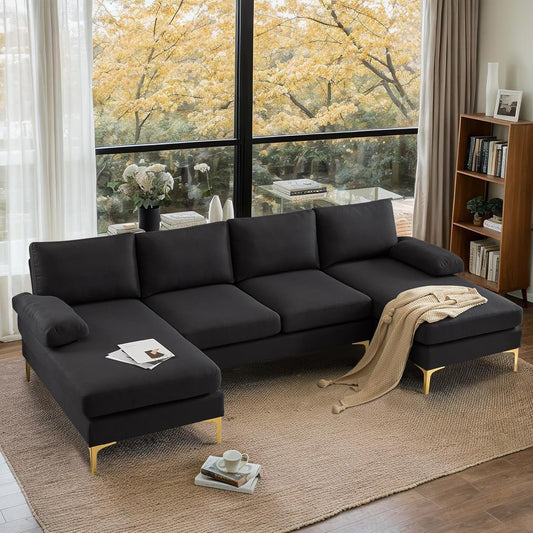 110" Modern U Shaped Sectional Couch with 51"D Double Chaise for Living Room, Black Deep Seat Sectional Sofa Sets with 5.9" Thickness Seating Padding for Home Furniture,Linen Fabric,Metal Legs-0