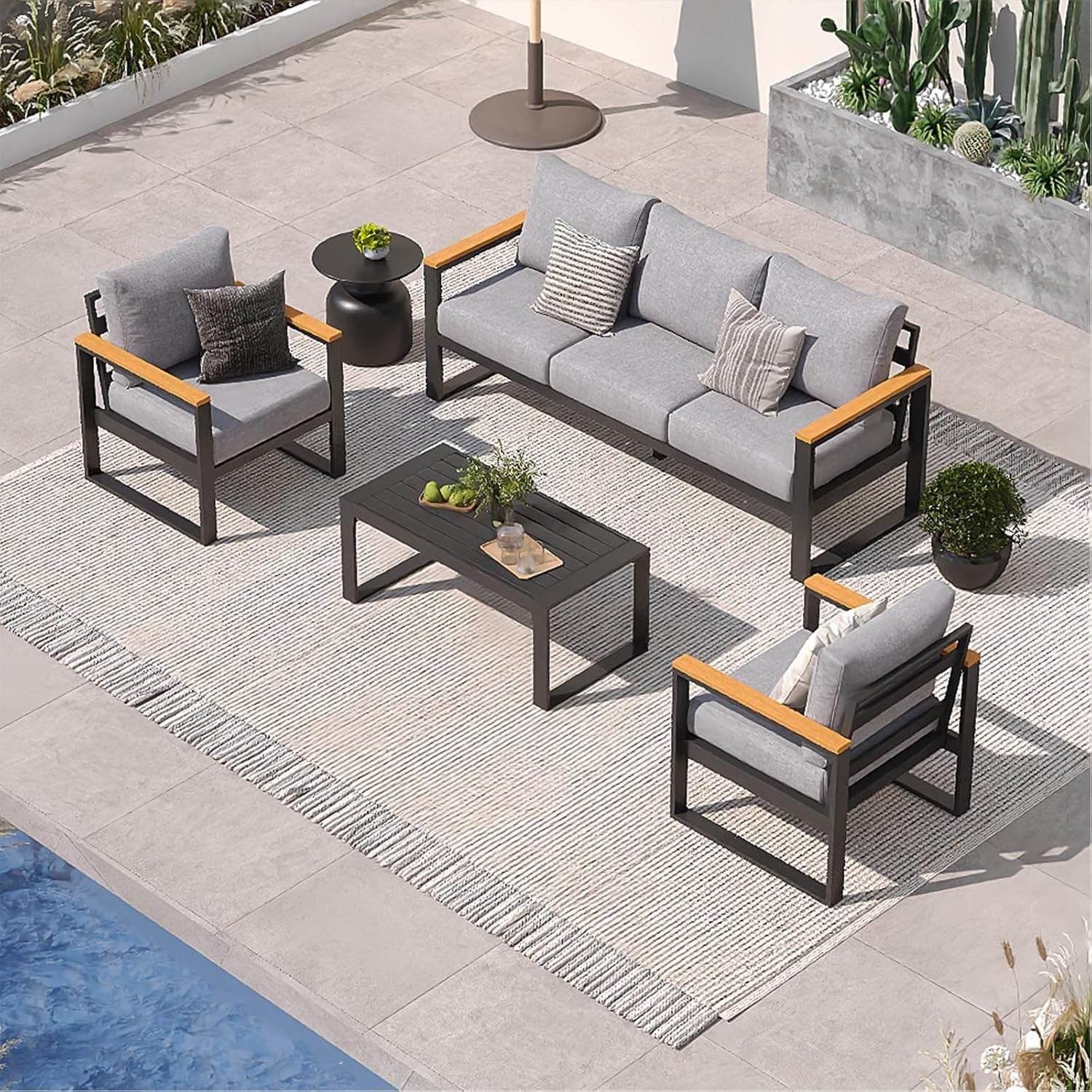 Aluminum Patio Furniture Set, 4 Piece Modern Outdoor Furniture with 6 Inch Cushion, Metal Patio Sectional Conversation Sets for Deck, Backyard, Porch (Grey) - Loft&Timber
