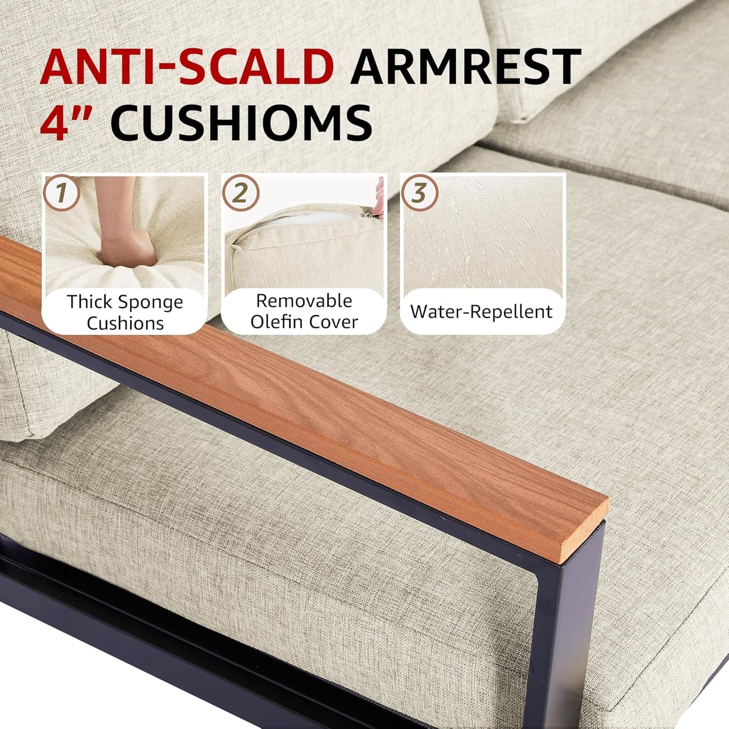 4 Pieces Patio Furniture Sets,Metal Outdoor Patio Furniture Sets,Outdoor Sectional Furniture Patio Conversation Set,Wooden Anti-Scald Armrest,Sling Mesh,4" Olefin Cushions - Loft&Timber