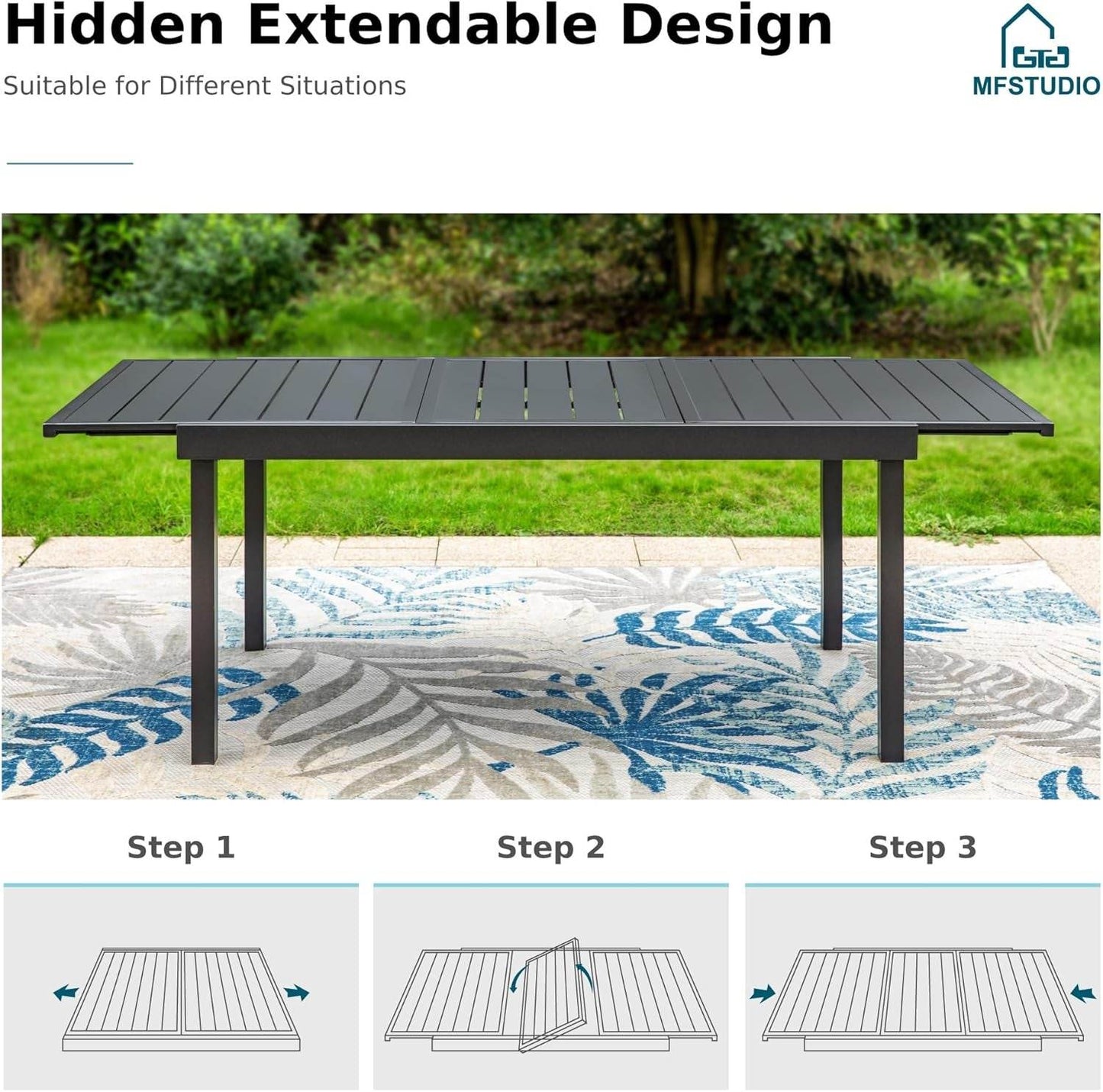 9-Piece Metal Outdoor Patio Dining Furniture Set 8 Sling Dining Swivel Chairs and 1 Expandable Outdoor Dining Rectangle Table, Blue - Loft&Timber