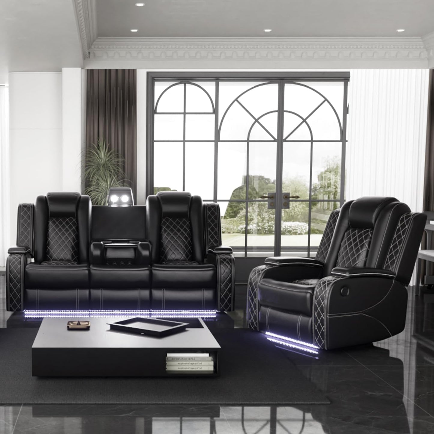 Power Black Leather Reclining Sofa Set with LED Light for Living Room Set,Theater Seat Recliner Chair 3 Seats Double Recliner Sofa with Drop-Down Table/Read Light/Wireless Charge/Usb Port-0