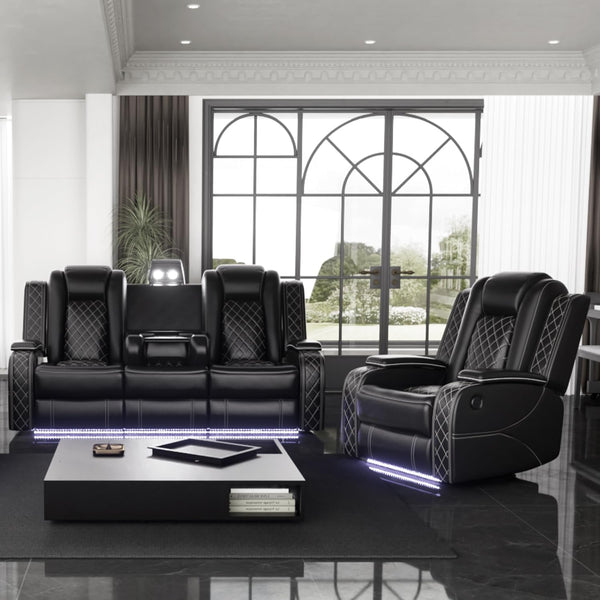 Power Black Leather Reclining Sofa Set with LED Light for Living Room Set,Theater Seat Recliner Chair 3 Seats Double Recliner Sofa with Drop-Down Table/Read Light/Wireless Charge/Usb Port-0