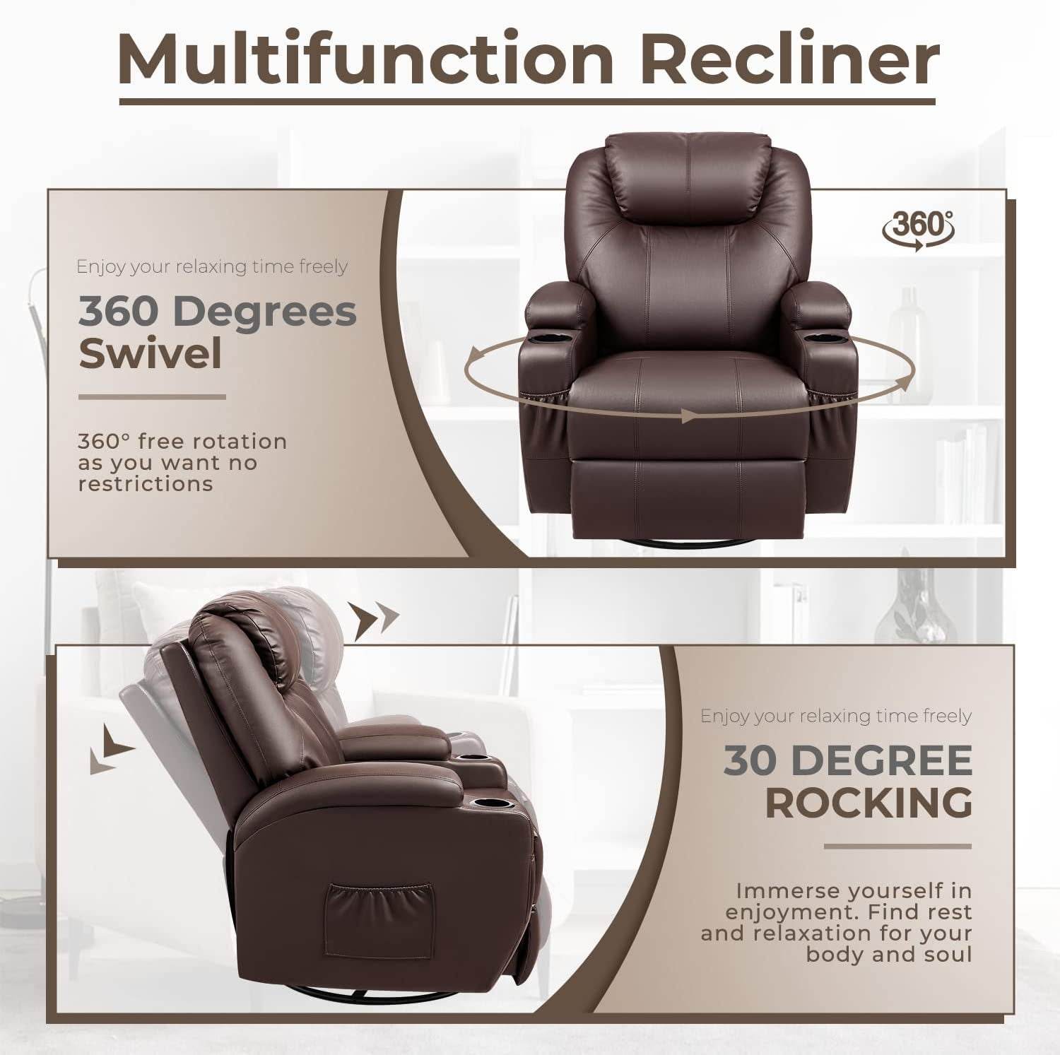 PU Leather Recliner Chair with Massage and Heat (Brown) - Loft&Timber