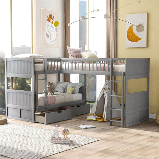 Triple Bunk Bed for Kids L Shaped Bunk Bed Solid Wood Twin over Twin over Twin Bed with 2 Drawers and 2 Ladders, No Box Spring Needed, Gray - Loft&Timber