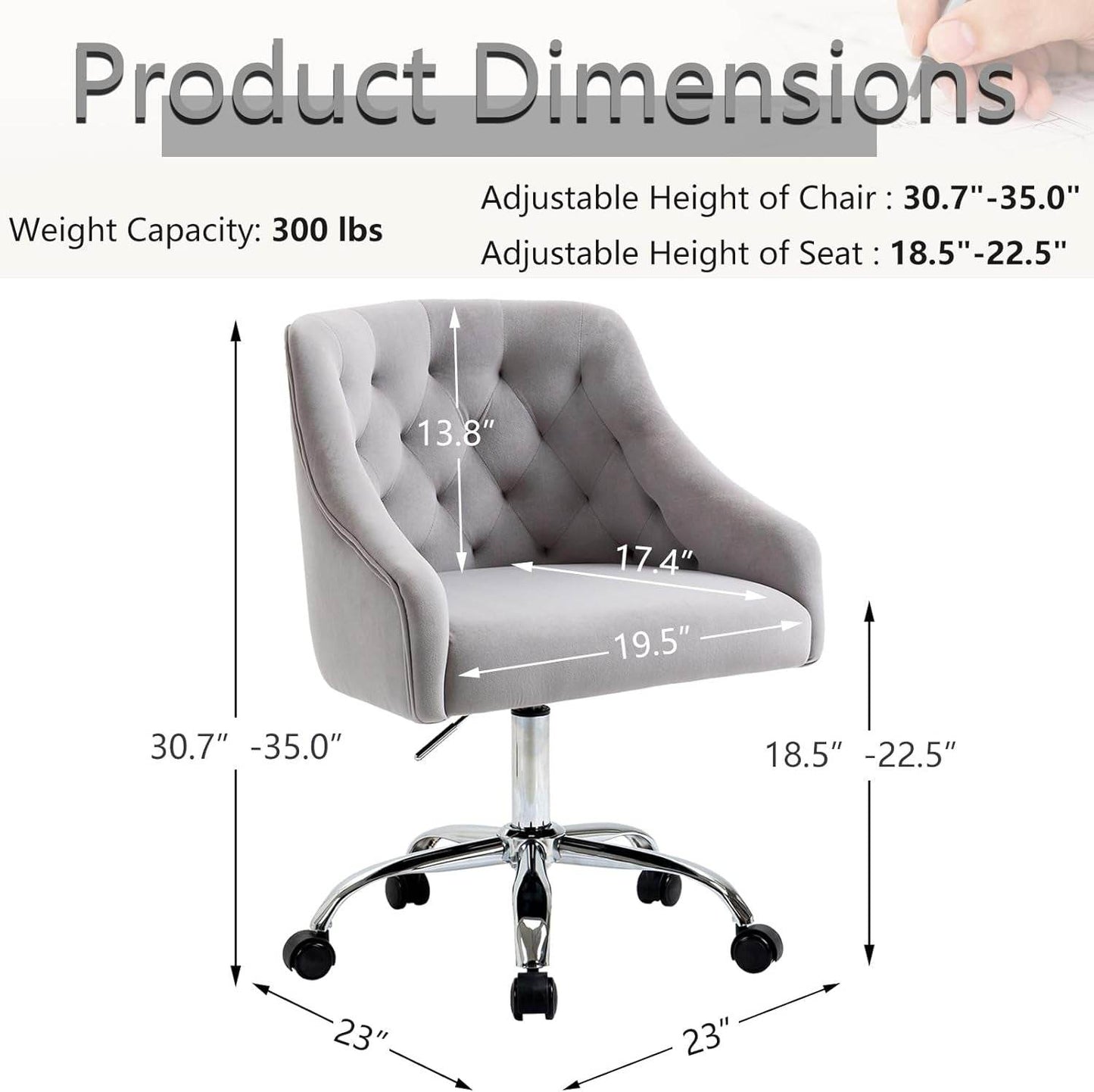 Velvet Office Swivel Chair, Vanity Chair, Fabric Desk Chair, Pretty Fancy Chair, Gold Office Chair for Girls, 360°Swivel Height Adjustable Reception Chair (Grey) - Loft&Timber