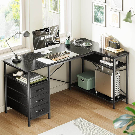 L Shaped Desk with Power Outlets in Black - Loft&Timber
