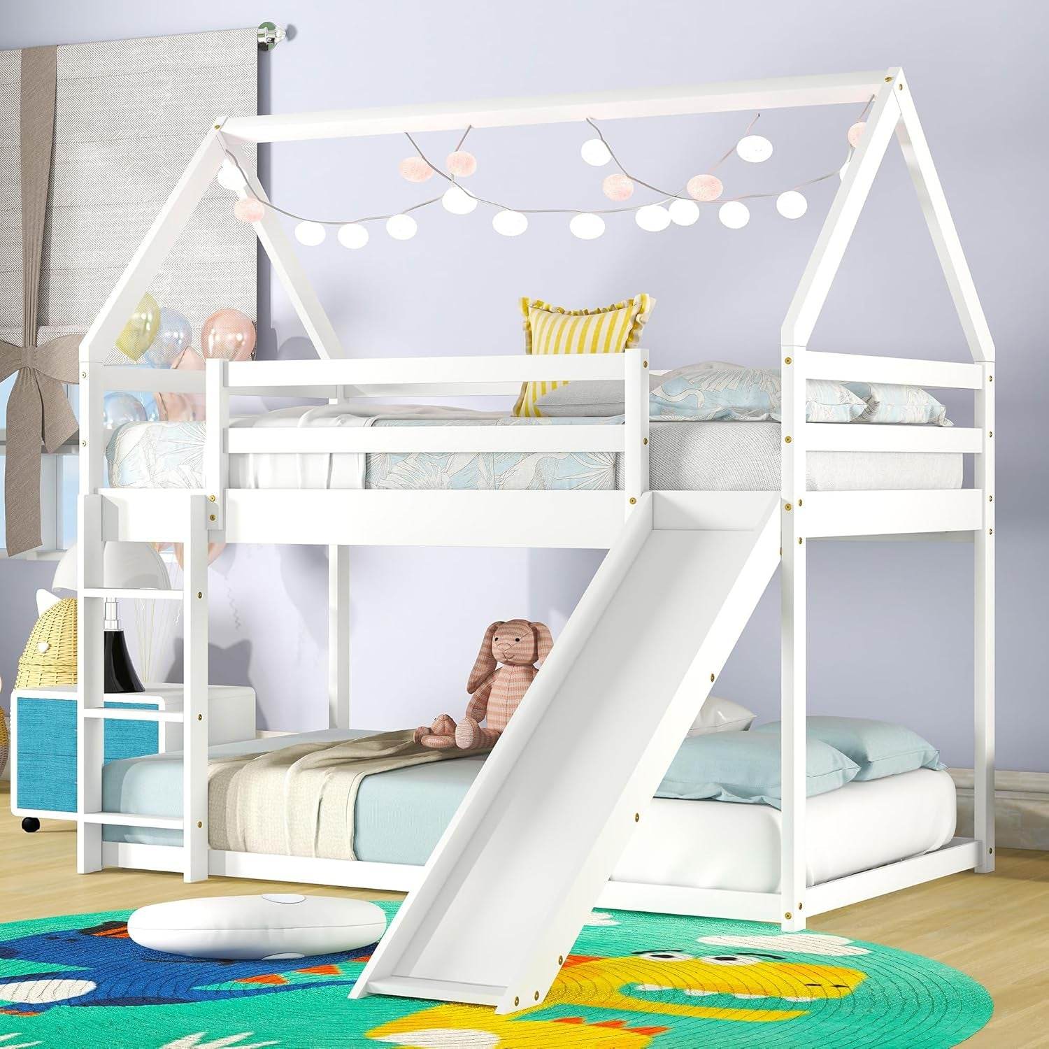 Twin over Twin House Bunk Bed with Slide,Floor Bunk Beds with Ladder for Kids,Solid Wood Twin Size Low Bunk Bed for Girls Boys - Loft&Timber