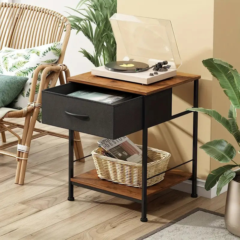 Rustic Black Metal Nightstand with Fabric Drawer-4