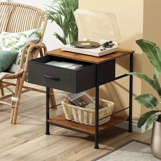 Rustic Black Metal Nightstand with Fabric Drawer - Loft&Timber