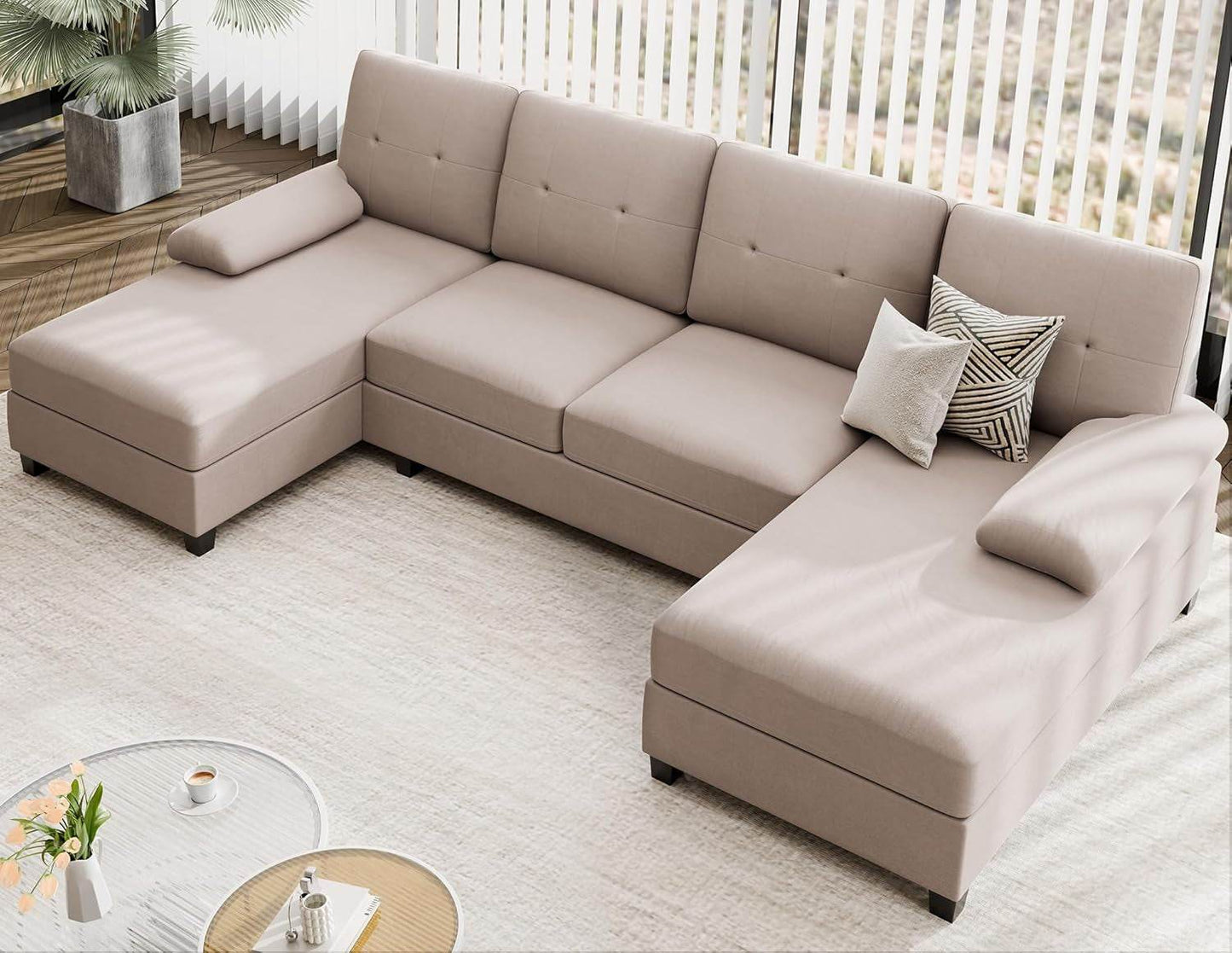 Sectional Sofa Couches for Living Room, U Shaped Sofa Living Room Furniture Sets, 4 Seat U Shaped Sofa Sectional Couch with Chaise, Dark Beige - Loft&Timber